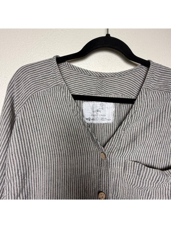 notPERFECTLINEN Gray & White Linen Stripped Oversized Button Down Shirt Sz L - Picture 2 of 5